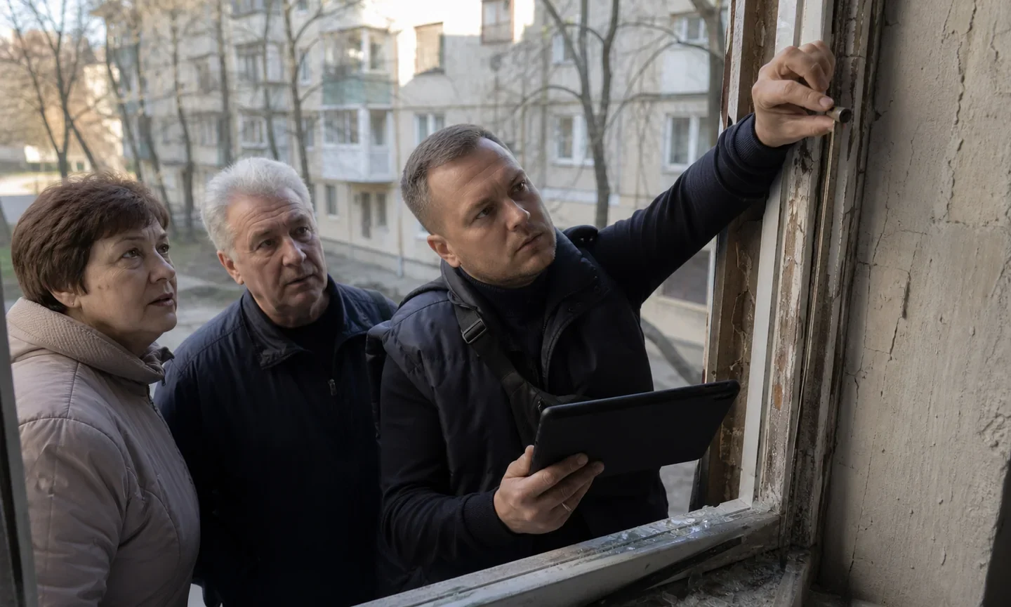 Фахівець документує пошкодження квартири в Києві після обстрілу