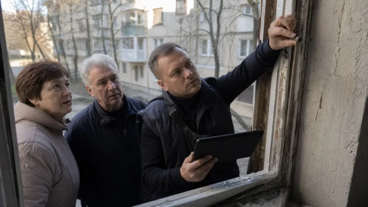 Фахівець документує пошкодження квартири в Києві після обстрілу