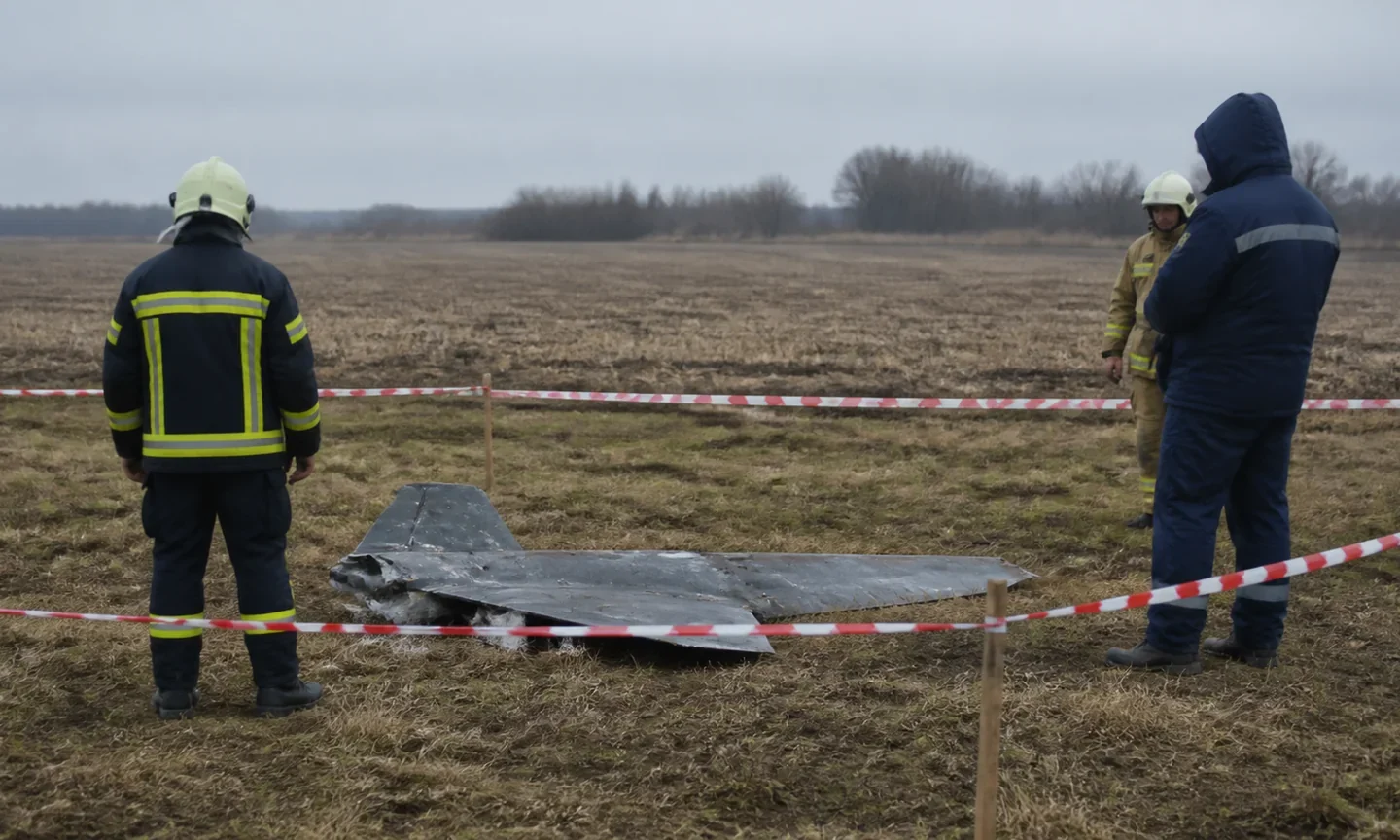 Рятувальники оглядають уламок безпілотника на безпечній відстані