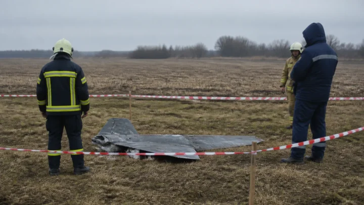 Рятувальники оглядають уламок безпілотника на безпечній відстані