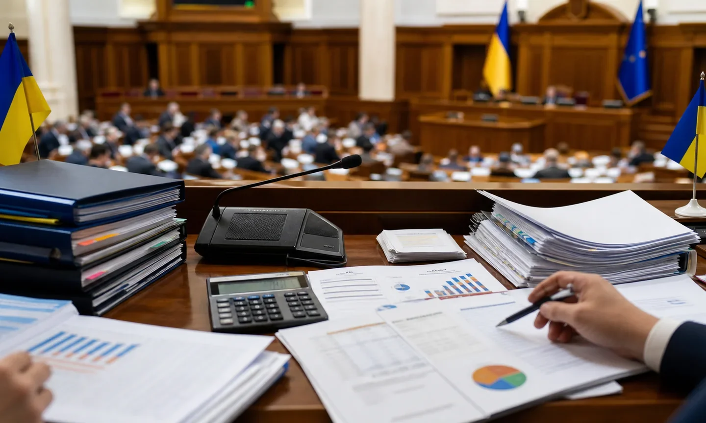 Робочі матеріали державного бюджету на столі у залі засідань Верховної Ради України