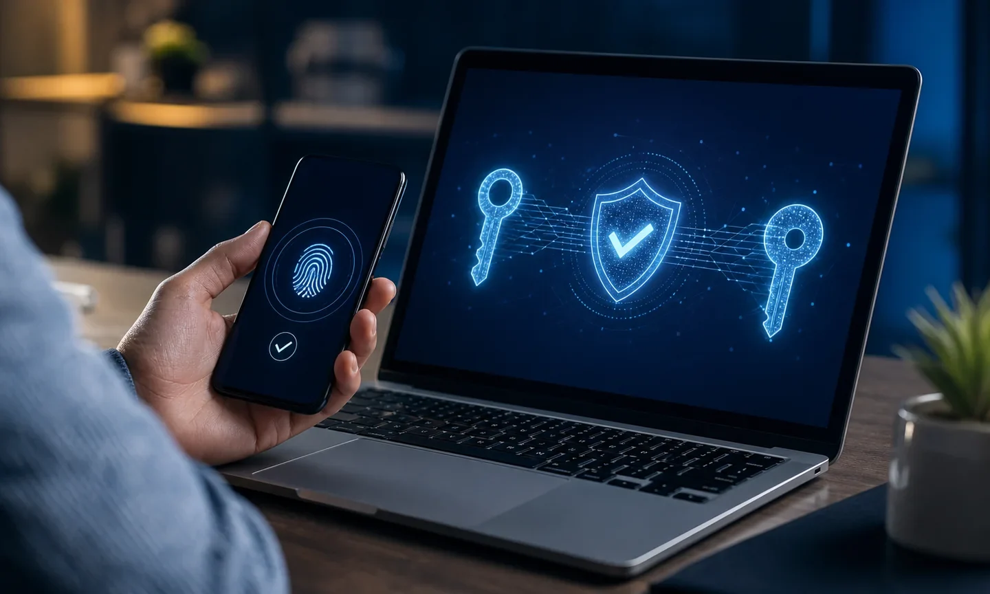 Користувач підтверджує вхід на ноутбуці за допомогою passkey на смартфоні та біометричної перевірки