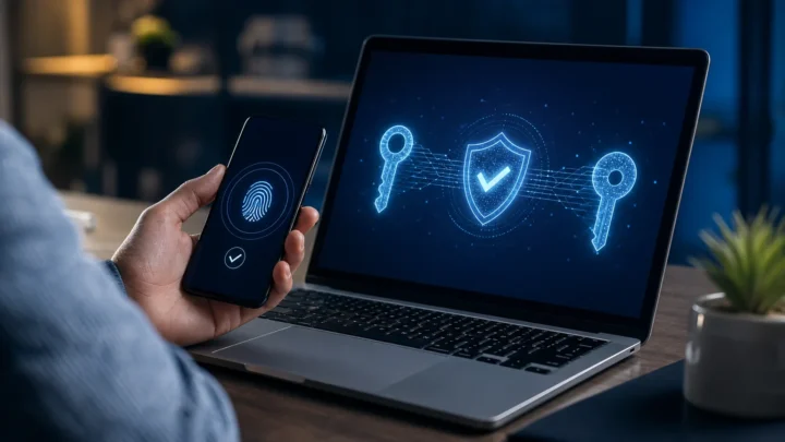 Користувач підтверджує вхід на ноутбуці за допомогою passkey на смартфоні та біометричної перевірки