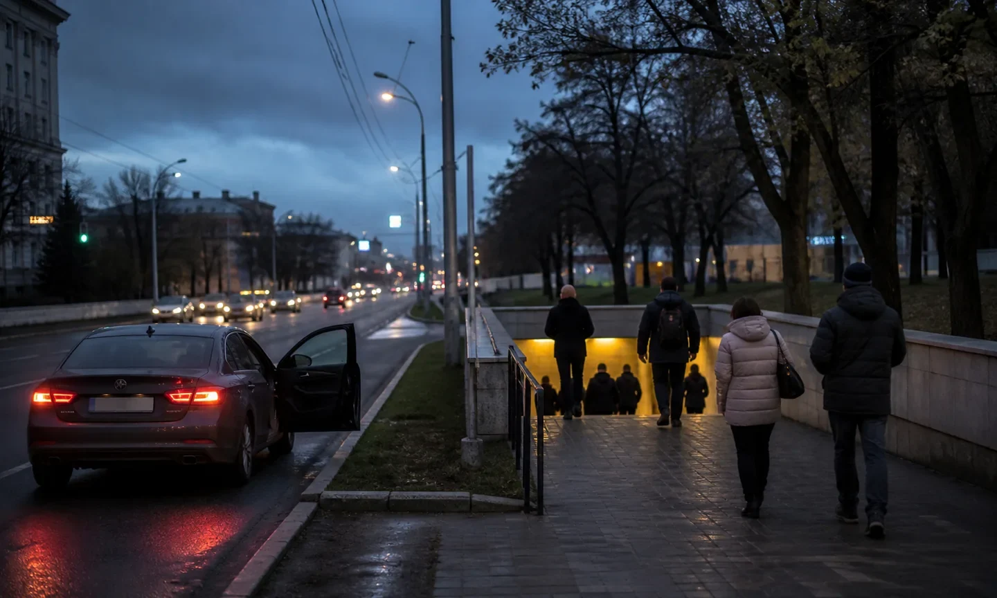 Водій безпечно зупинив автомобіль, а пасажири прямують до підземного укриття під час тривоги