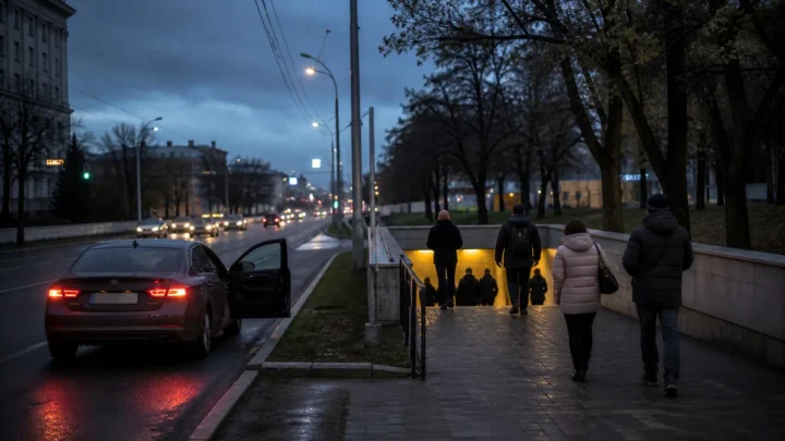 Водій безпечно зупинив автомобіль, а пасажири прямують до підземного укриття під час тривоги