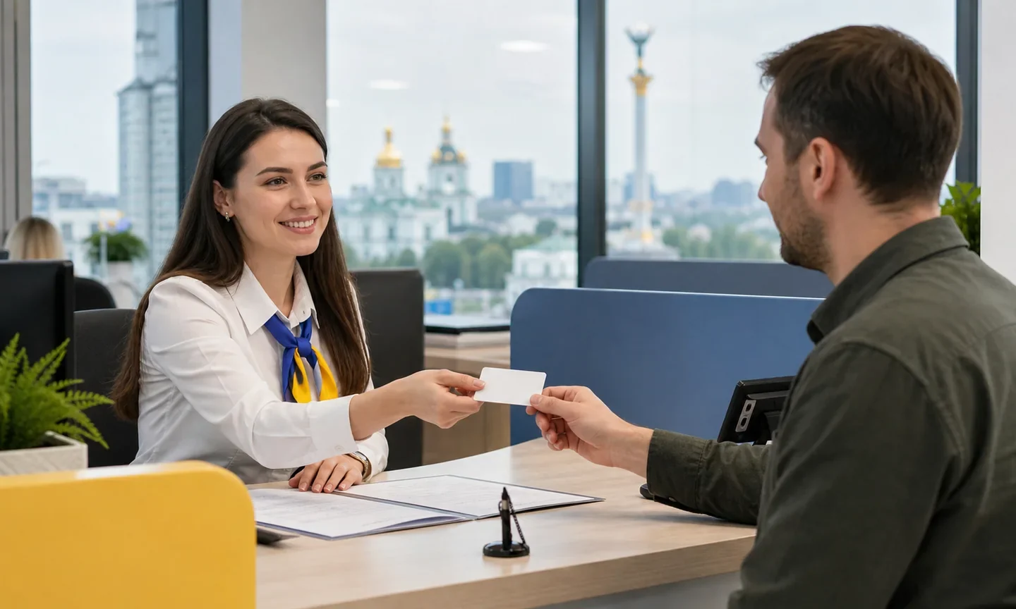 Мешканець Києва отримує муніципальну картку у сучасному центрі обслуговування