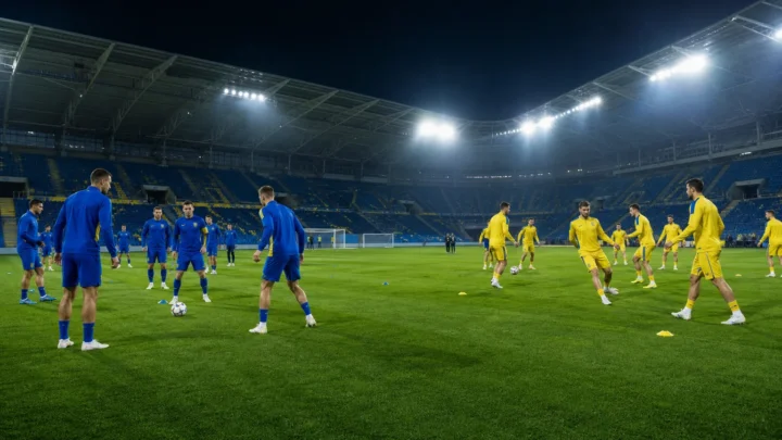 Футболісти у синій та жовтій формі готуються до єврокубкових матчів-відповідей на стадіоні