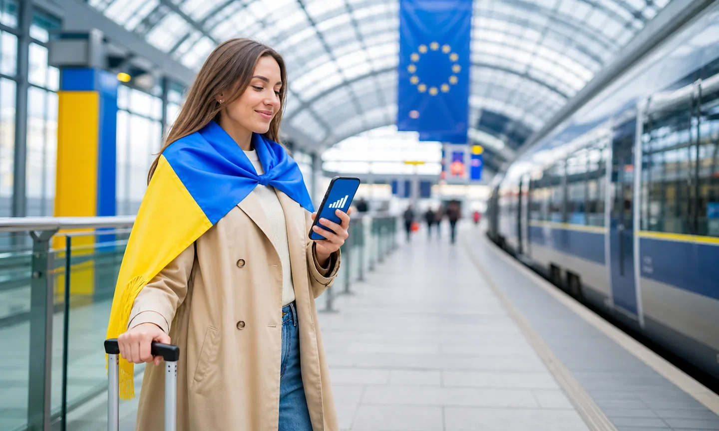 Українська мандрівниця користується мобільним інтернетом на залізничному вокзалі в Європі