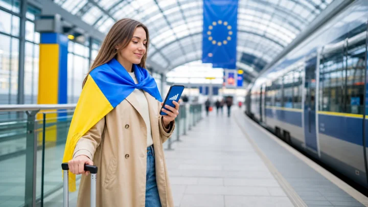 Українська мандрівниця користується мобільним інтернетом на залізничному вокзалі в Європі