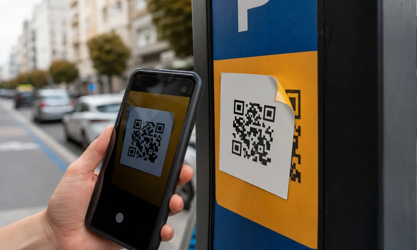 Смартфон сканує підозрілу наклейку з QR-кодом поверх міського паркувального знака