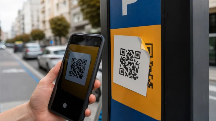 Смартфон сканує підозрілу наклейку з QR-кодом поверх міського паркувального знака