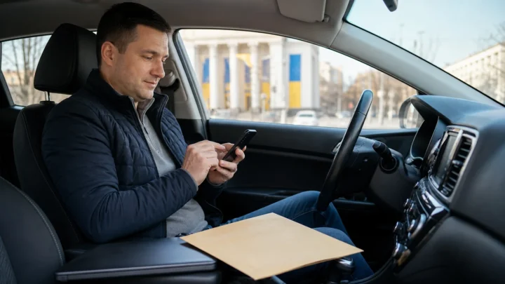 Водій у припаркованому автомобілі оформлює онлайн-обмін посвідчення через смартфон