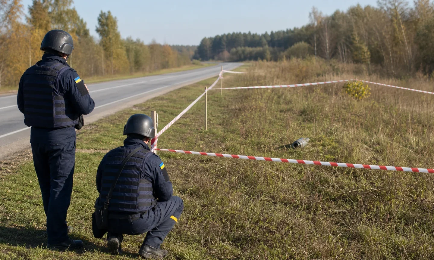 Рятувальники огородили підозрілий предмет біля дороги та оглядають його з безпечної відстані