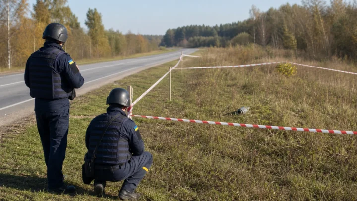 Рятувальники огородили підозрілий предмет біля дороги та оглядають його з безпечної відстані