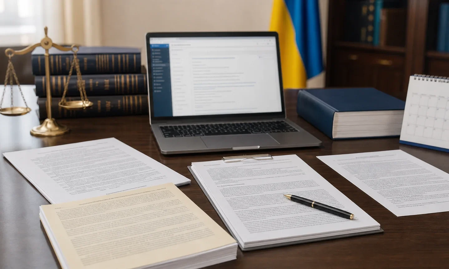 Юридичні документи різних типів, ноутбук із базою законодавства та календар на робочому столі