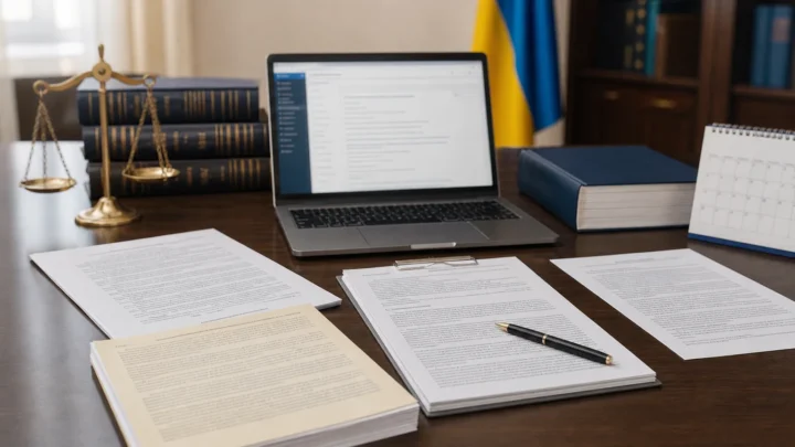 Юридичні документи різних типів, ноутбук із базою законодавства та календар на робочому столі