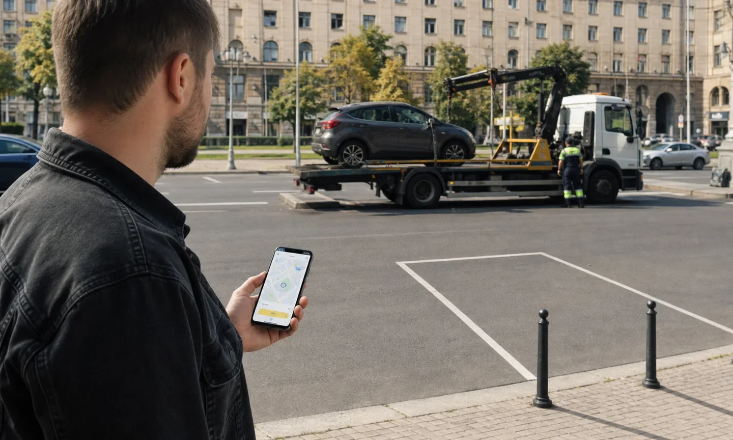 Водій перевіряє у смартфоні евакуацію автомобіля на вулиці Києва