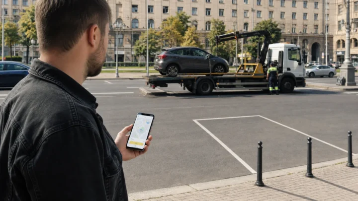 Водій перевіряє у смартфоні евакуацію автомобіля на вулиці Києва