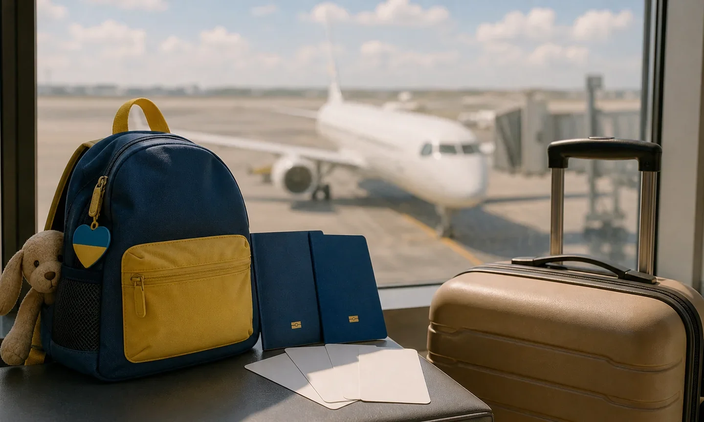 Дитячий рюкзак, валіза й закриті проїзні документи в аеропорту