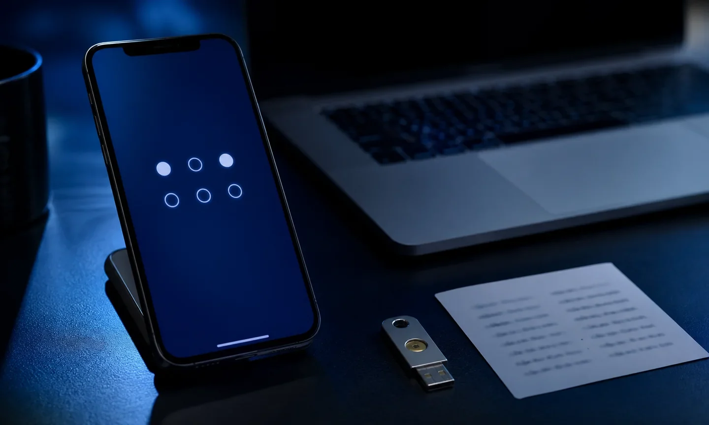 Смартфон із екраном двофакторної автентифікації, ноутбук і ключ безпеки