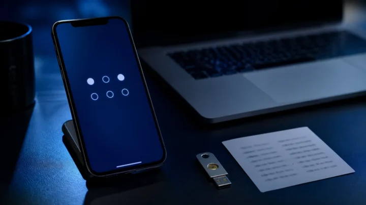 Смартфон із екраном двофакторної автентифікації, ноутбук і ключ безпеки