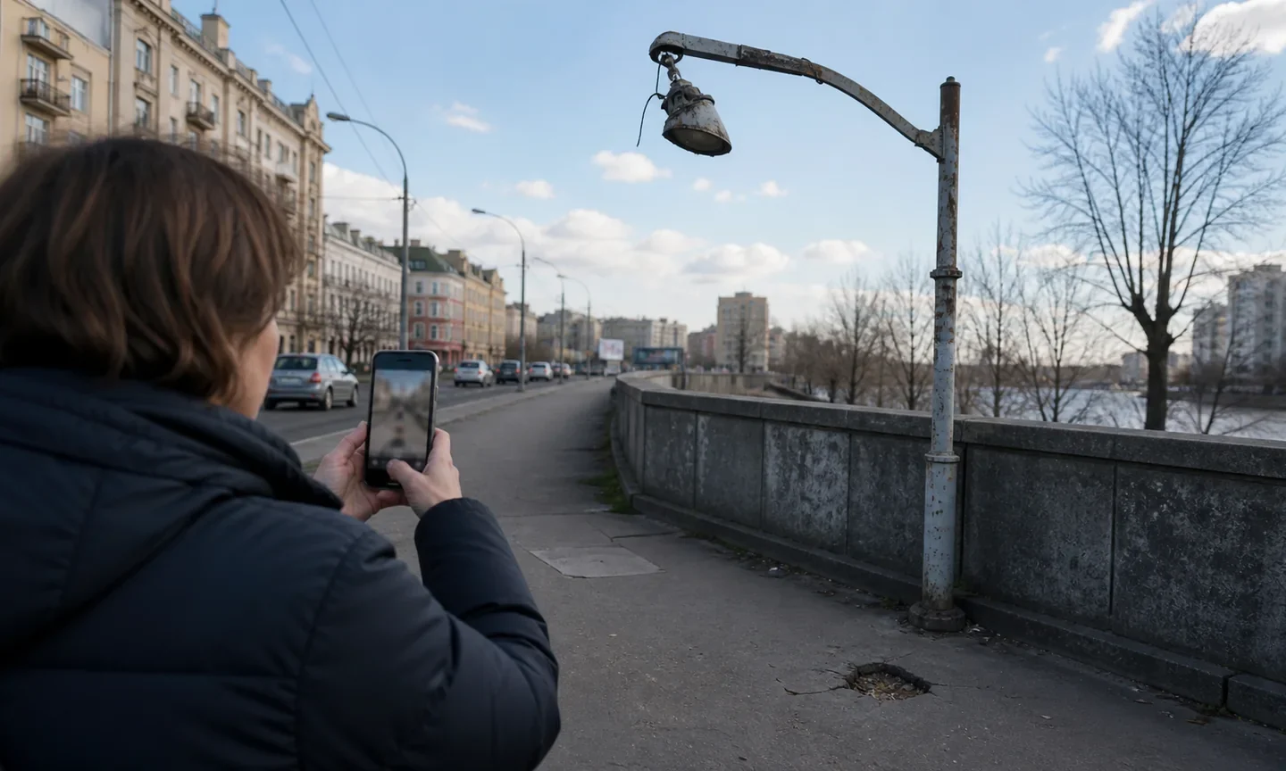 Киянка фотографує пошкоджений ліхтар і вибоїну для звернення до міського контактного центру