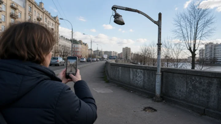 Киянка фотографує пошкоджений ліхтар і вибоїну для звернення до міського контактного центру