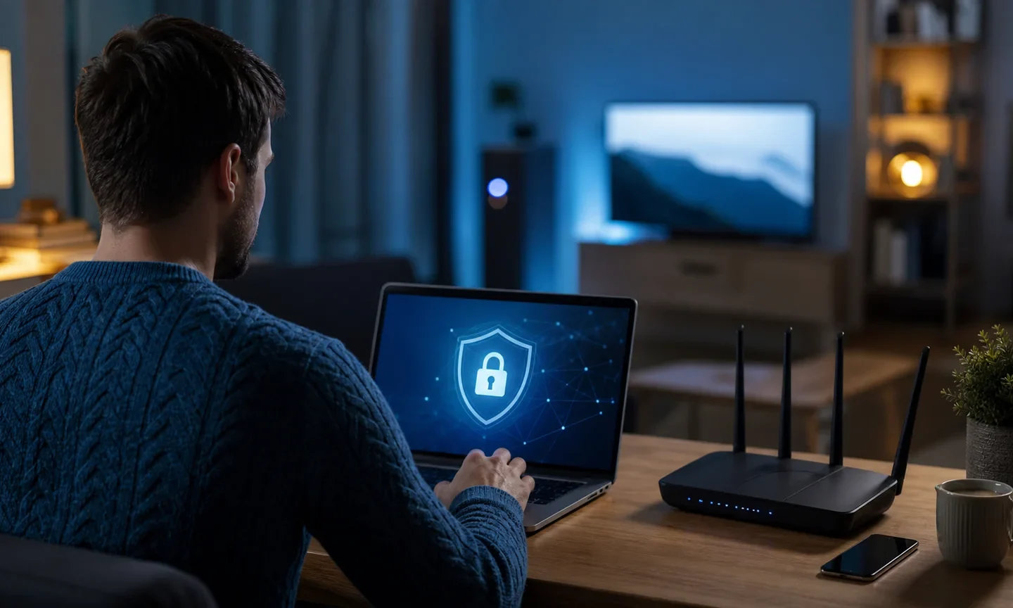 Власник квартири безпечно налаштовує домашній Wi-Fi роутер через ноутбук