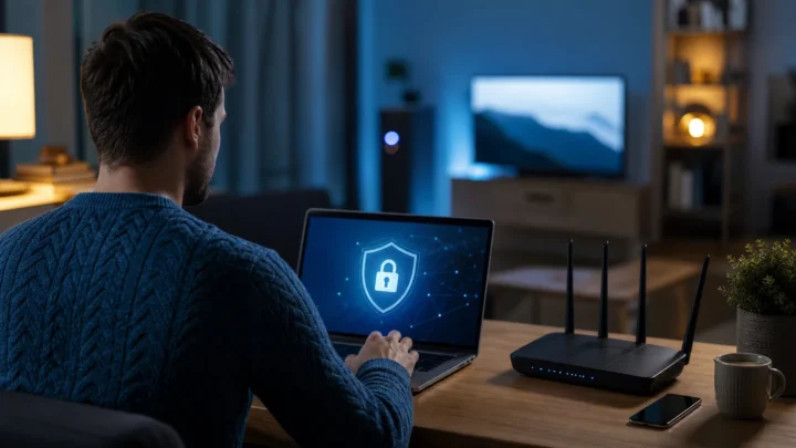 Власник квартири безпечно налаштовує домашній Wi-Fi роутер через ноутбук