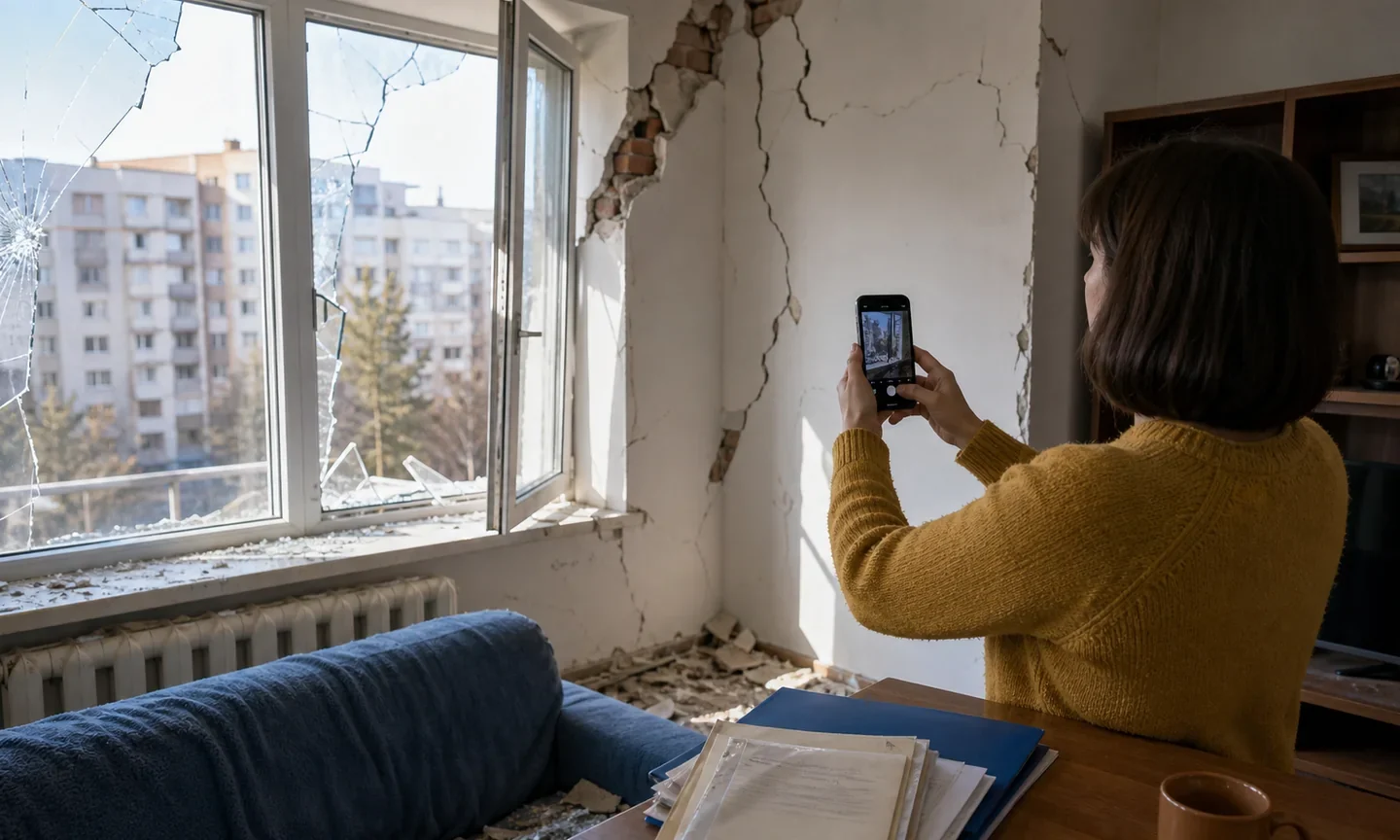 Власниця фотографує пошкодження квартири та готує документи для заяви єВідновлення