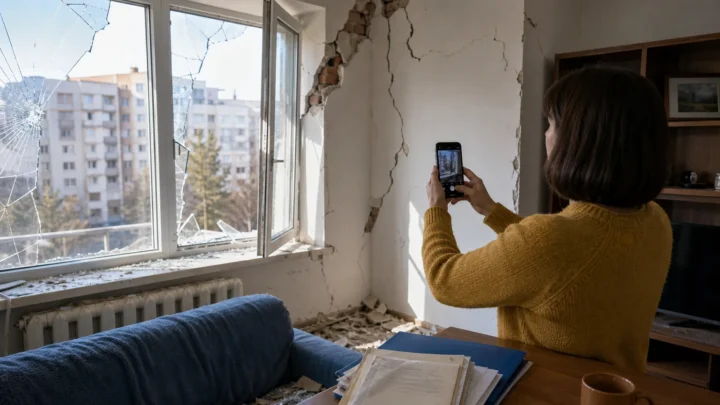 Власниця фотографує пошкодження квартири та готує документи для заяви єВідновлення