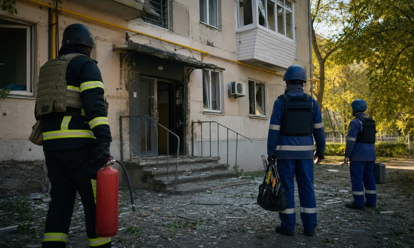 Рятувальники та аварійна служба оглядають пошкоджений під’їзд після обстрілу