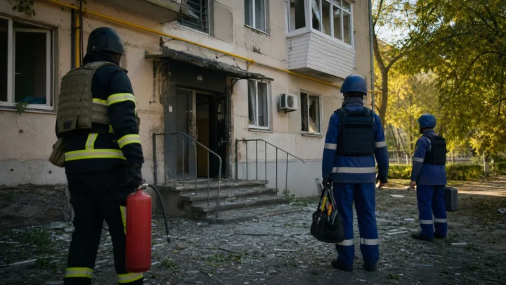 Рятувальники та аварійна служба оглядають пошкоджений під’їзд після обстрілу
