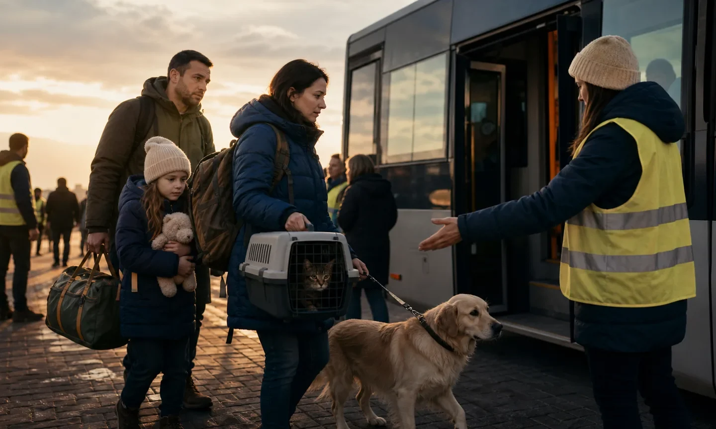 Родина з котом у переносці та собакою на повідці прямує до евакуаційного автобуса