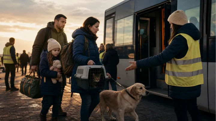 Родина з котом у переносці та собакою на повідці прямує до евакуаційного автобуса