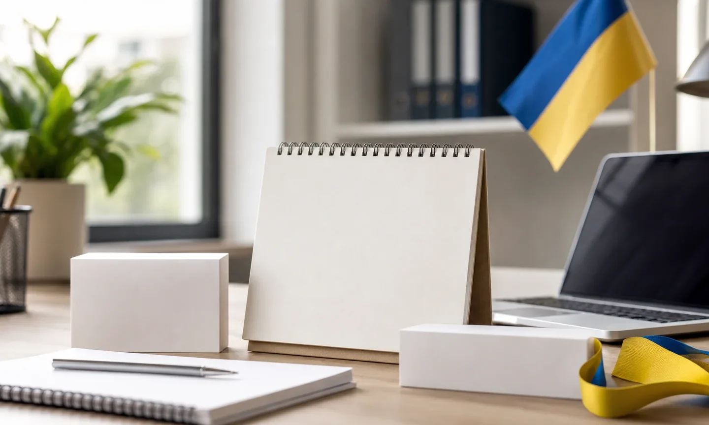 Офісний стіл із ноутбуком і чистим календарем у синьо-жовтих кольорах
