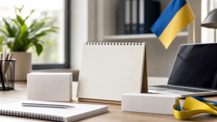 Офісний стіл із ноутбуком і чистим календарем у синьо-жовтих кольорах