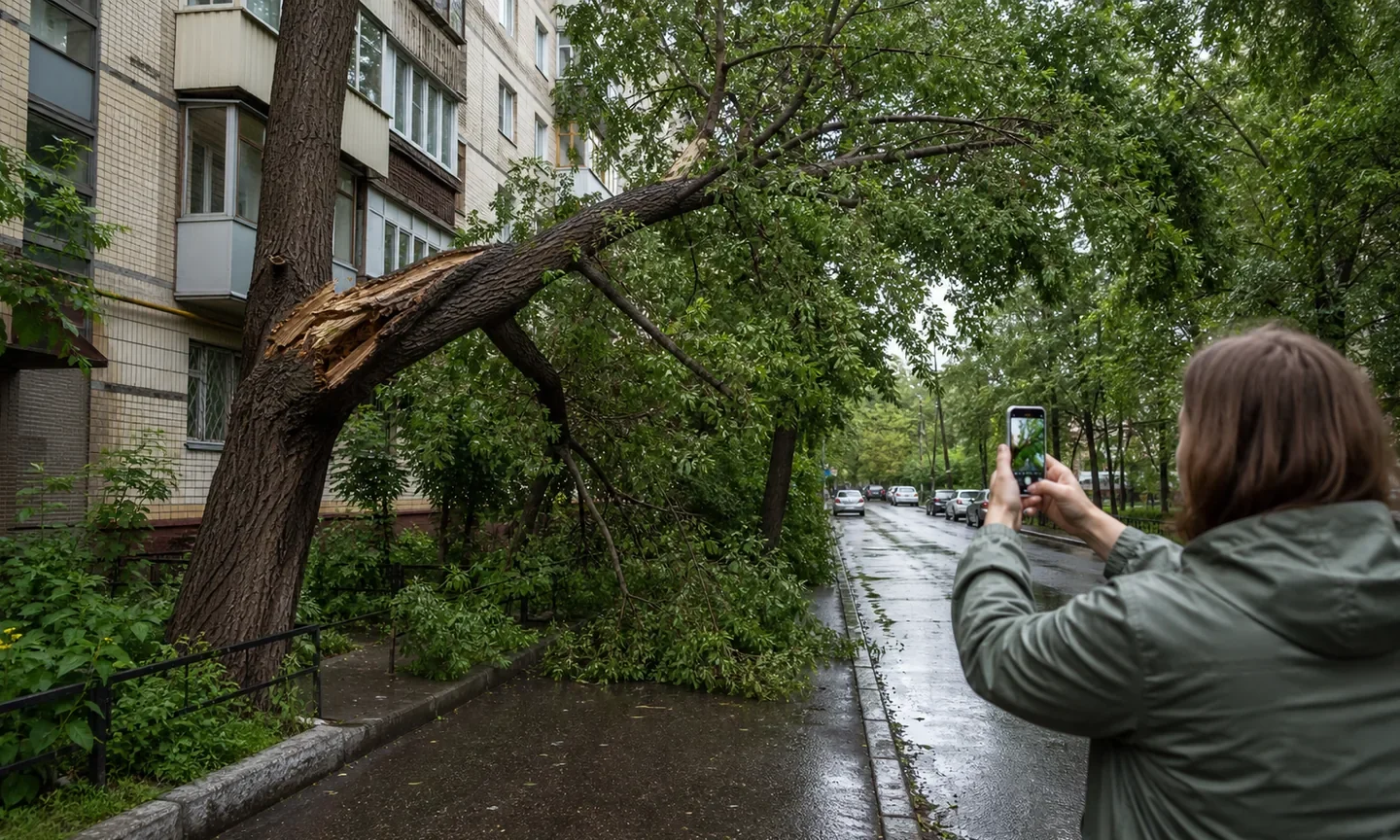 Киянка з безпечної відстані фотографує тріснуту гілку дерева після негоди