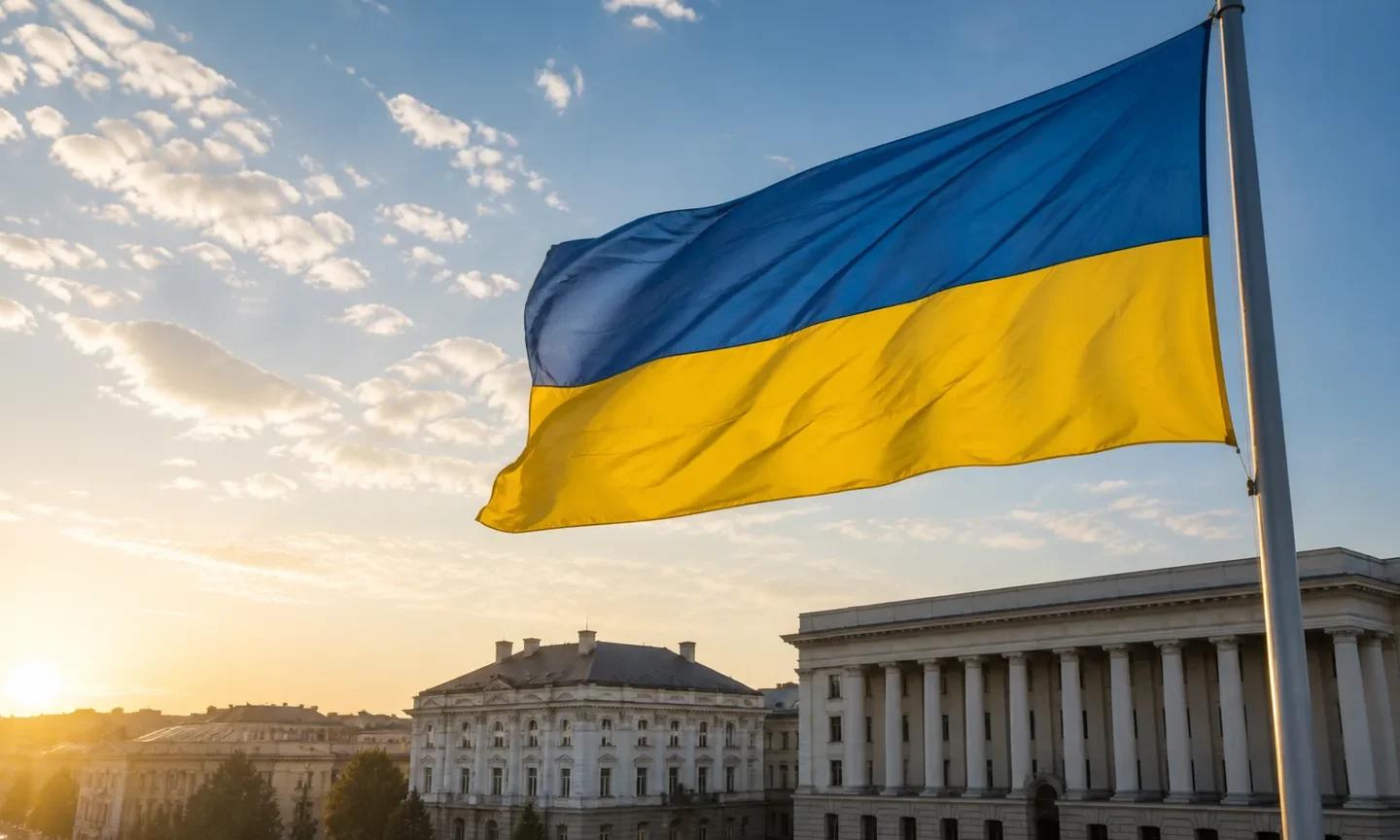 Синьо-жовтий Державний Прапор України над міською площею на світанку