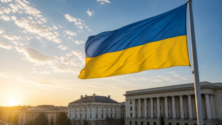 Синьо-жовтий Державний Прапор України над міською площею на світанку