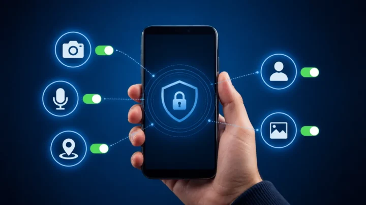 Смартфон із піктограмами дозволів камери, мікрофона, геолокації, контактів і фотографій