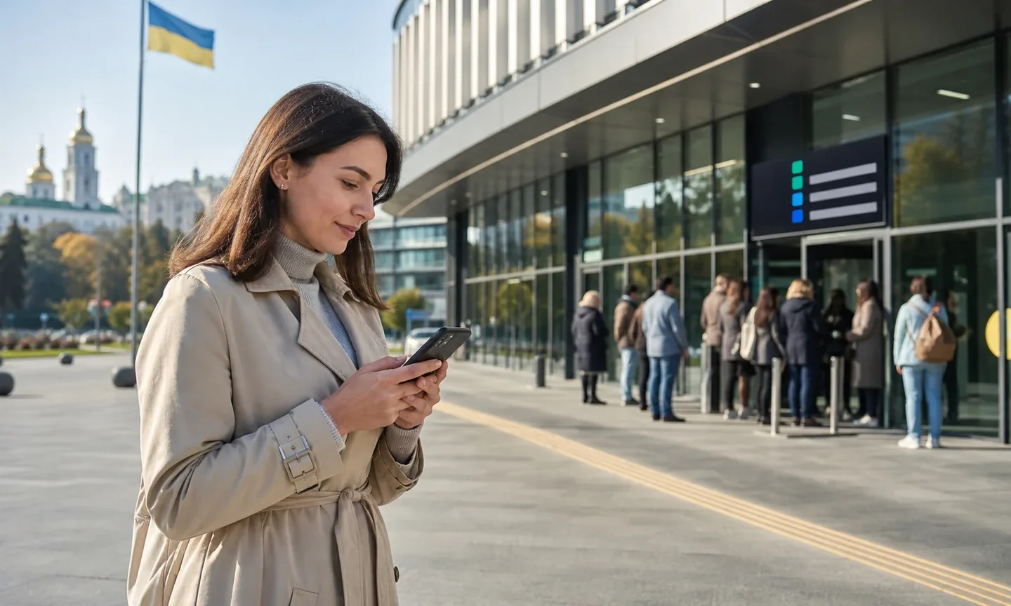 Киянка записується до електронної черги ЦНАП на смартфоні біля центру послуг