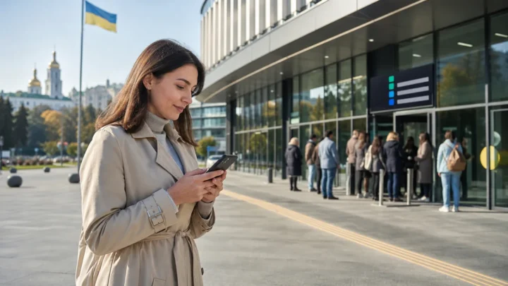Киянка записується до електронної черги ЦНАП на смартфоні біля центру послуг