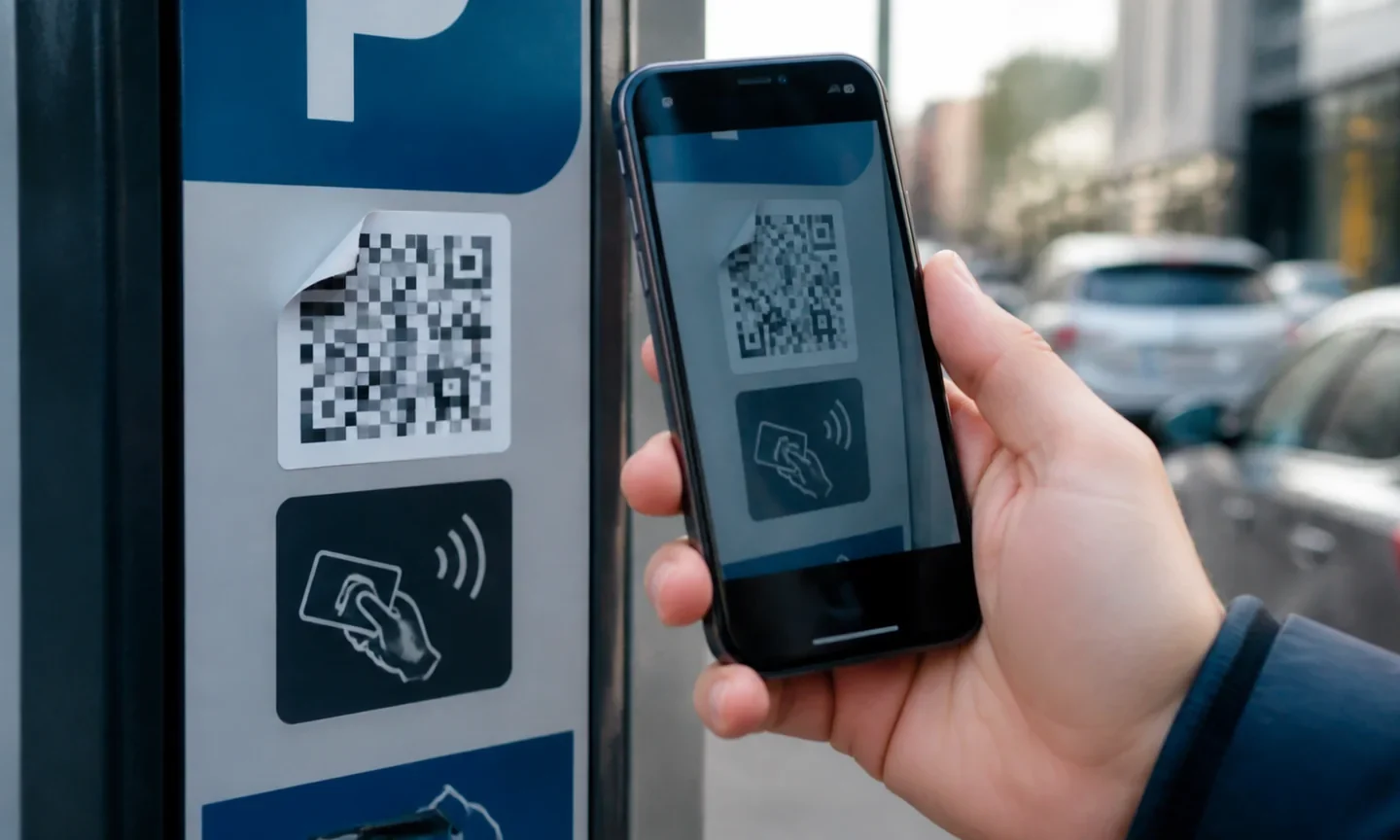 Смартфон сканує підозрілу наліпку з QR-кодом на паркувальному терміналі
