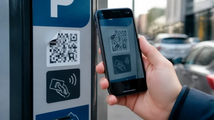 Смартфон сканує підозрілу наліпку з QR-кодом на паркувальному терміналі