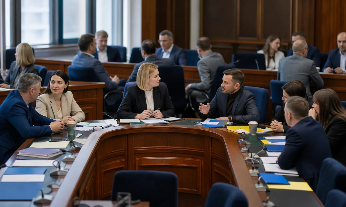 Депутати різних парламентських груп обговорюють документи за круглим столом у залі засідань