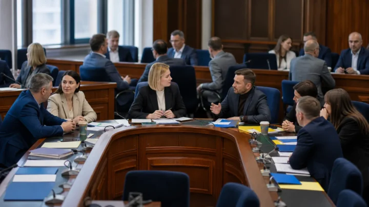 Депутати різних парламентських груп обговорюють документи за круглим столом у залі засідань