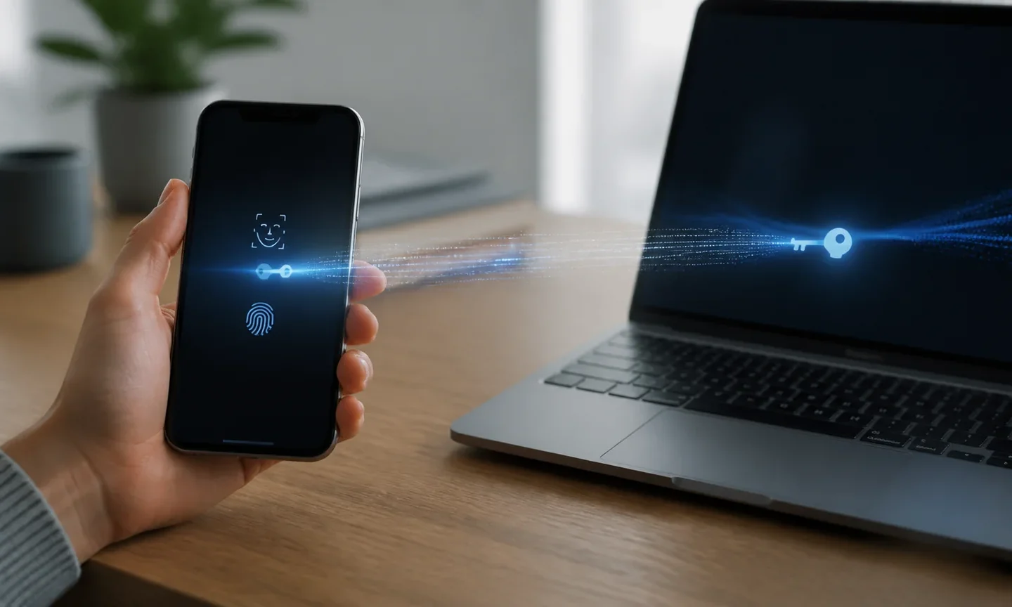 Користувач підтверджує ключ доступу біометрією на смартфоні поруч із ноутбуком