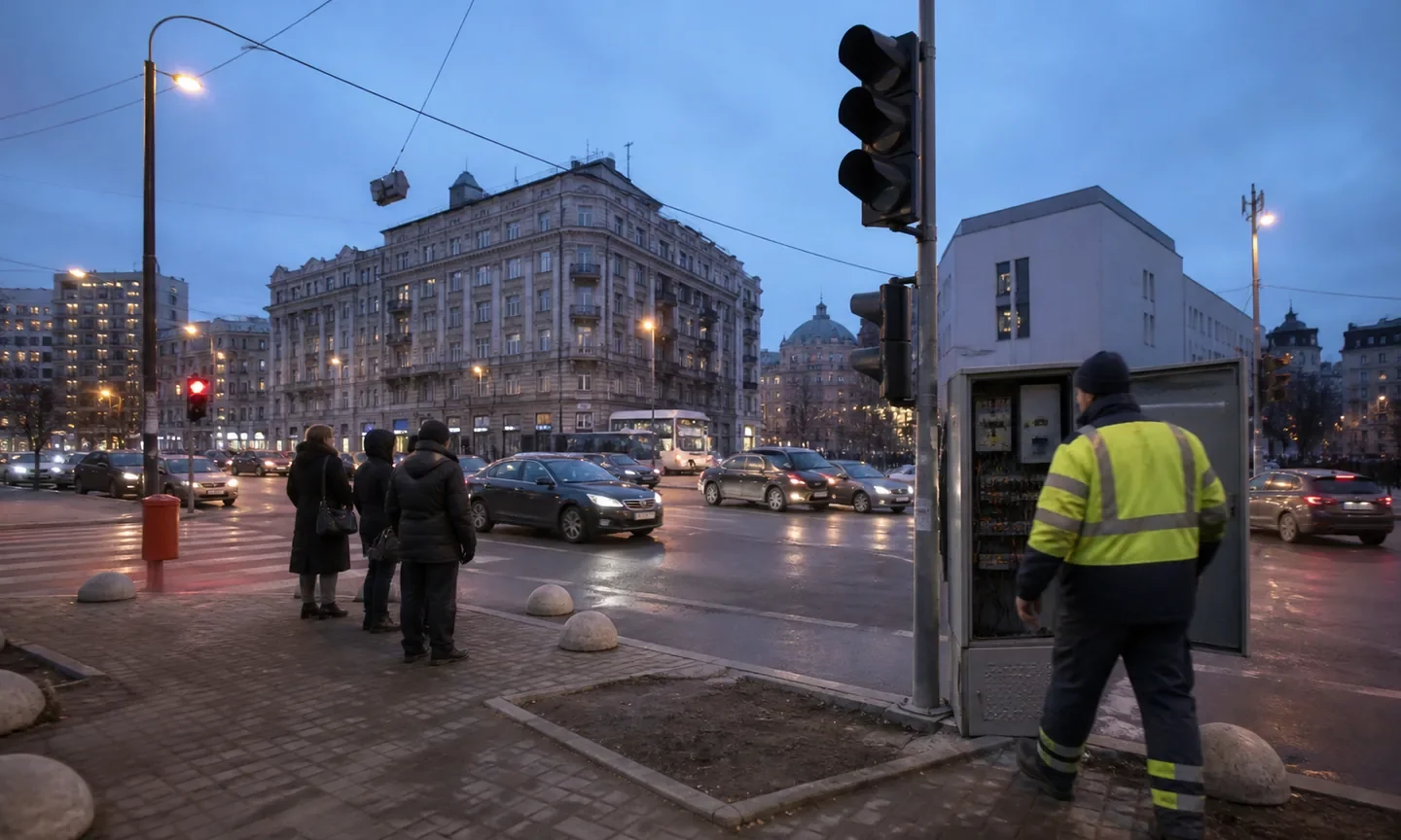 Несправний світлофор на київському перехресті та працівник міської служби біля контролера