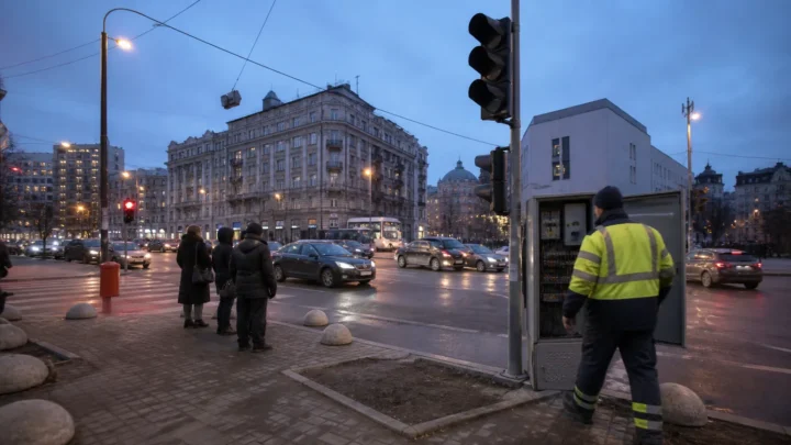 Несправний світлофор на київському перехресті та працівник міської служби біля контролера